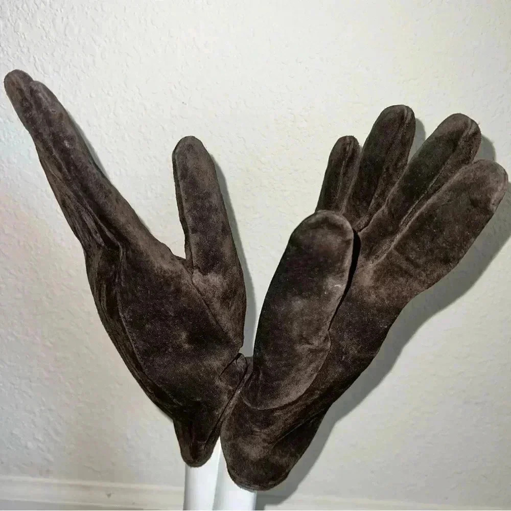 Isotoner Women’s Dark Brown Suede Gloves Thin Black Fleece Lining Size XL - Picture 7 of 11
